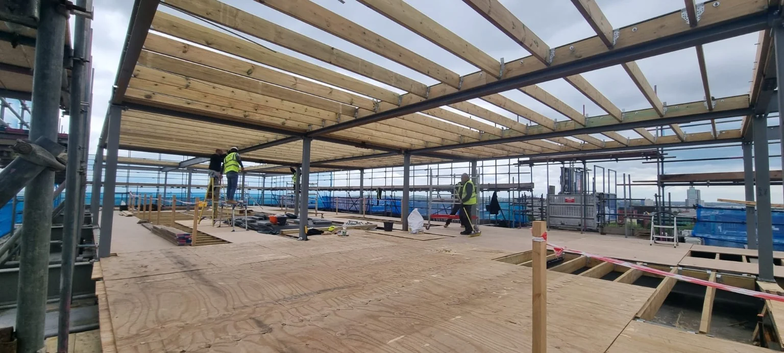 Underside of structural timber joist installation